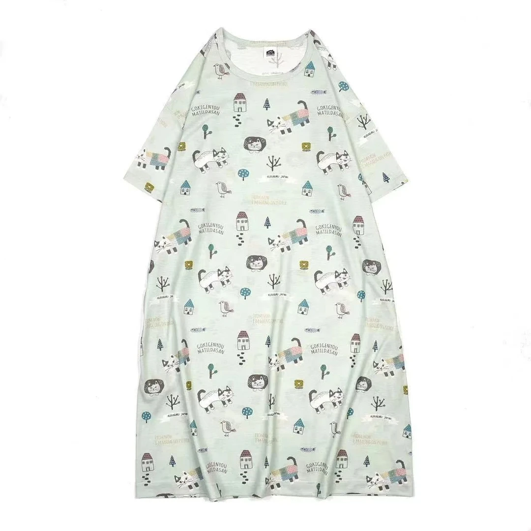 Z634满印猫咪睡裙圆领爬猫浅绿色