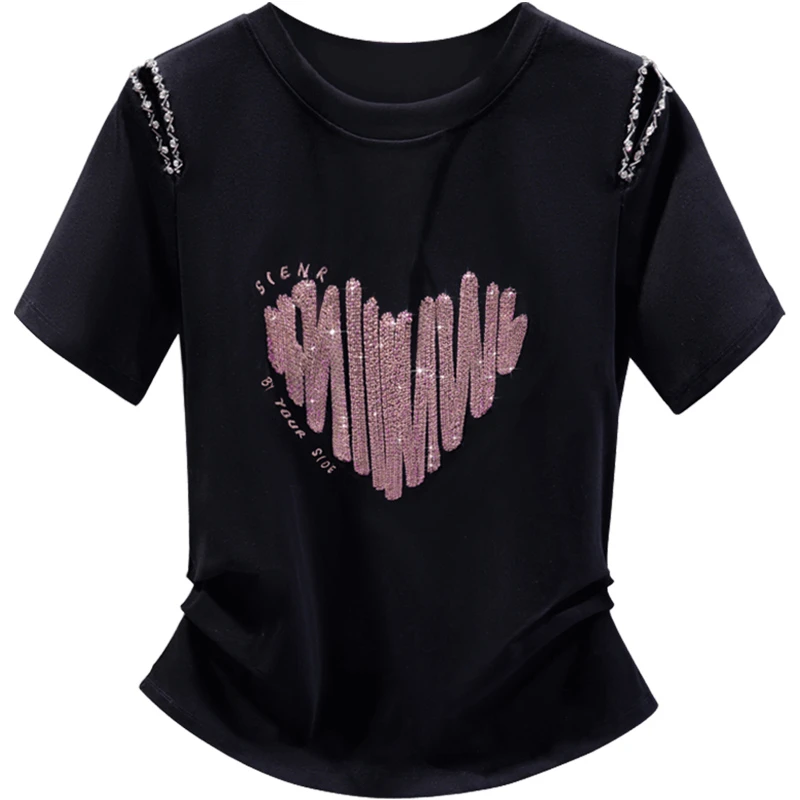 丝柏舍2025夏装新款女装修身圆领气质套头亮片短袖T恤S52B1703T