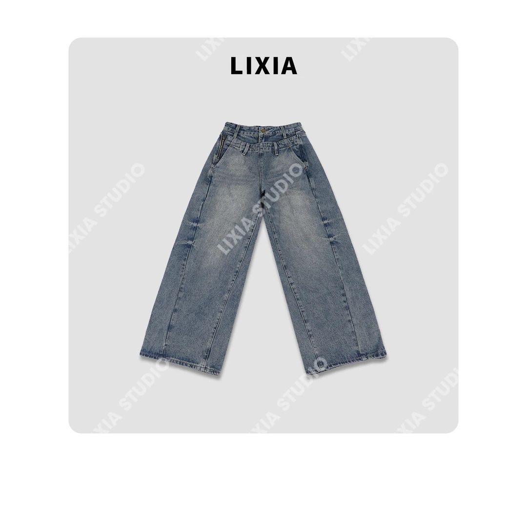 LIXIA【牛仔狂想】复古感水洗设计牛仔蓝直筒慵懒牛仔裤-D9373