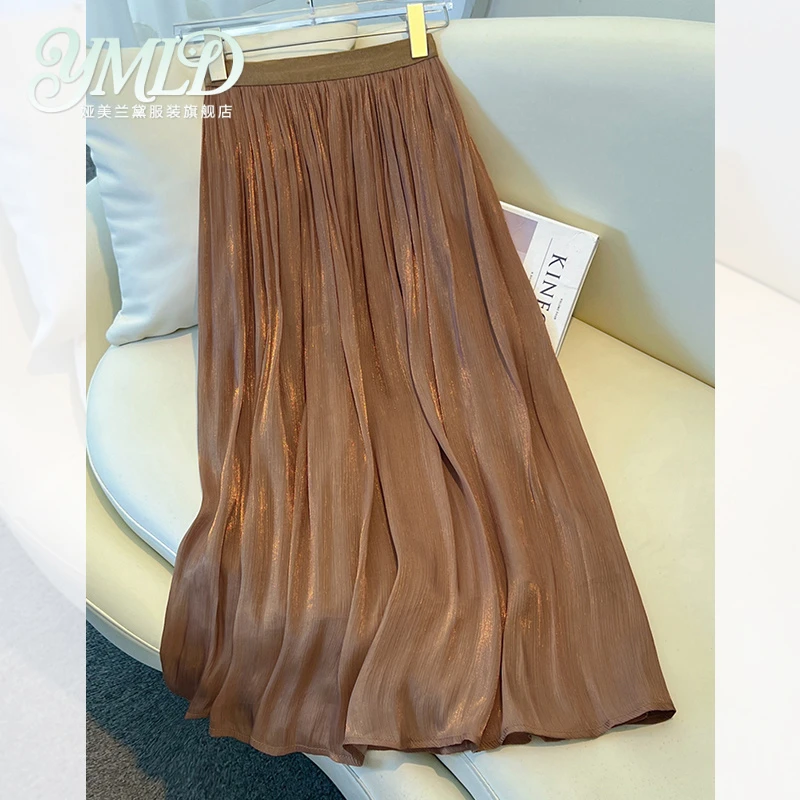 高腰流光半身裙女夏季薄款2026新款垂感百褶裙爆款法式a字裙伞裙