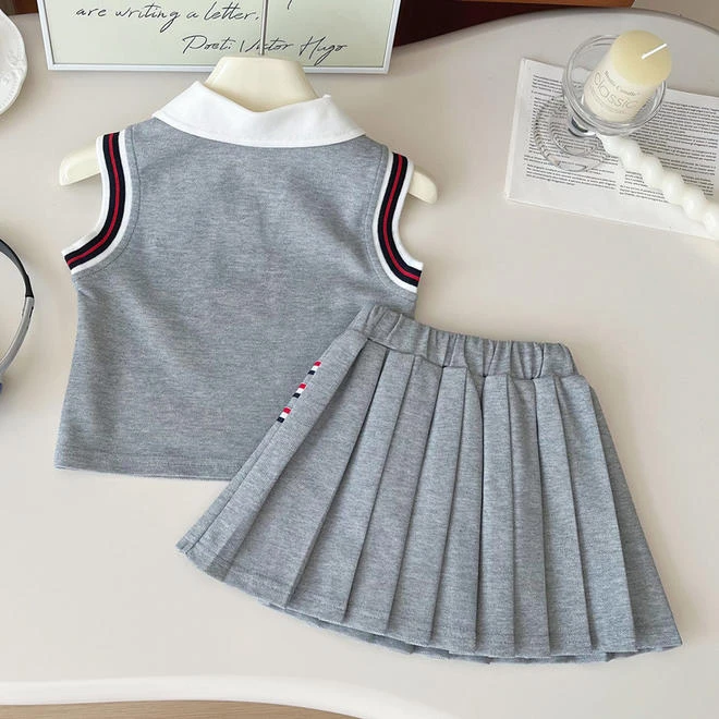 女童学院风Polo领无袖背心套装薄款2025夏季新款洋气百褶