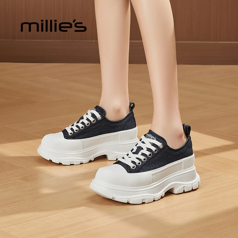 MILLIE'S妙丽系带运动休闲鞋2025秋季新款增高帆布鞋松糕厚底板鞋