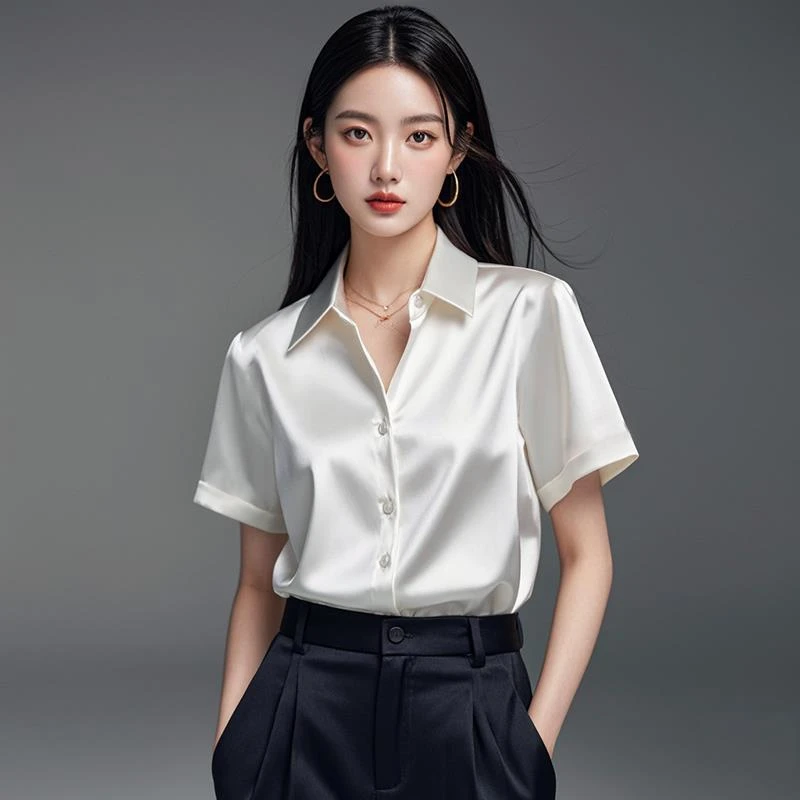 法芬图2025夏季新款高级感时尚职业缎面白色衬衫女短袖法式正装洋