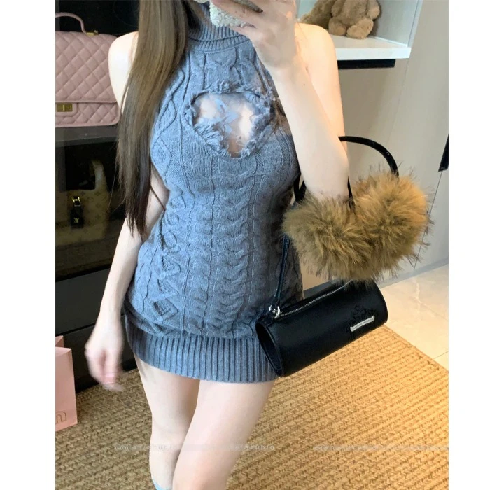 纯欲气质高领针织包臀背心裙女辣妹收腰显瘦蕾丝镂空秋季毛衣裙