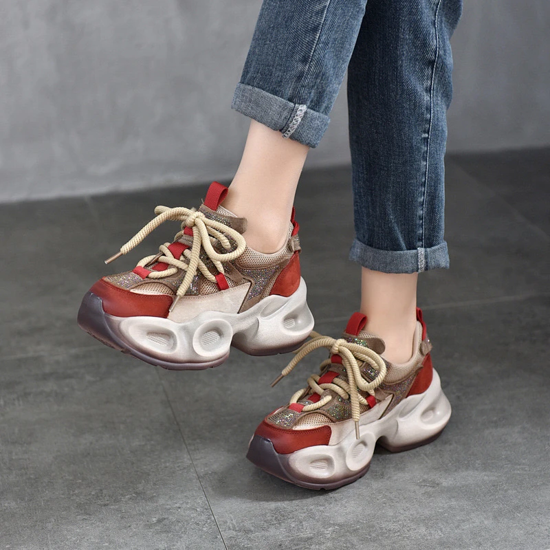 蜜儿2025推荐款烫钻红老爹鞋女休闲鞋春季新款头层牛皮单鞋