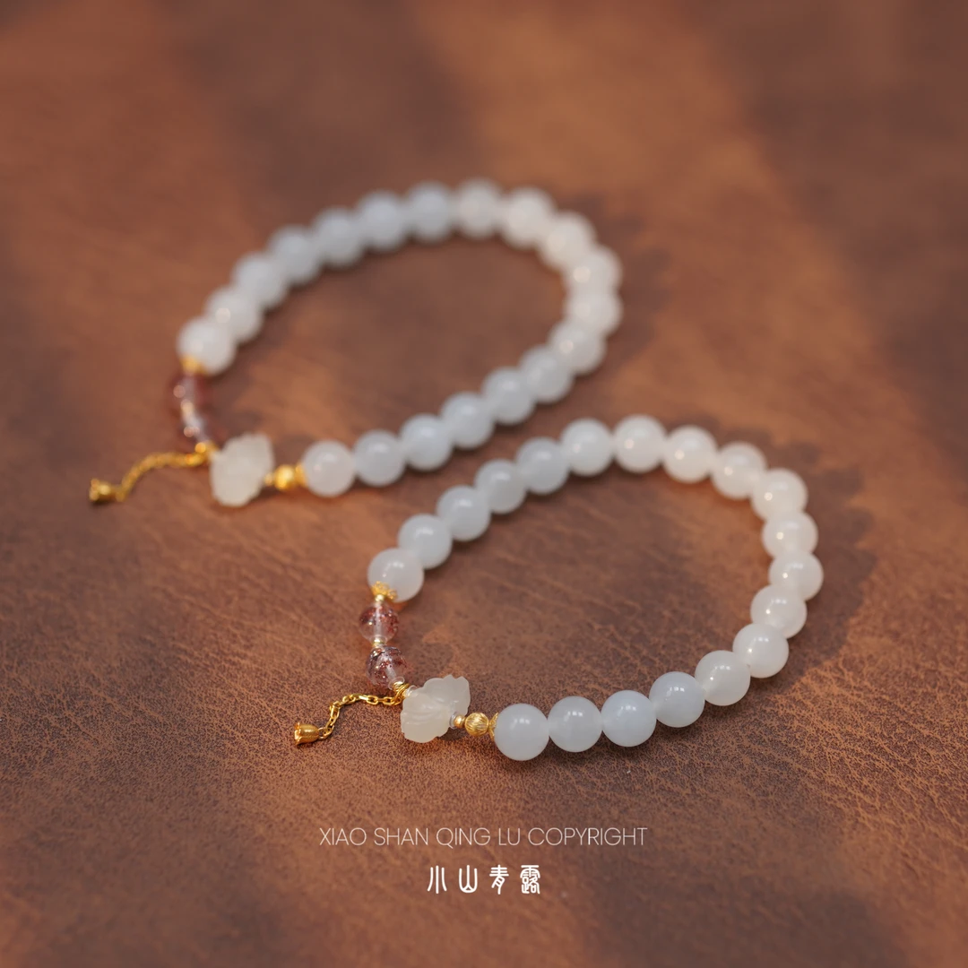 【FG1502】精品挑珠和田白玉手串18K金镶嵌长17cm珠8mm多样性发其一