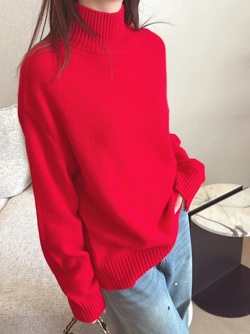 气质蔓延 山羊绒高领开叉袖加厚针织打底衫外穿宽松百搭毛衣