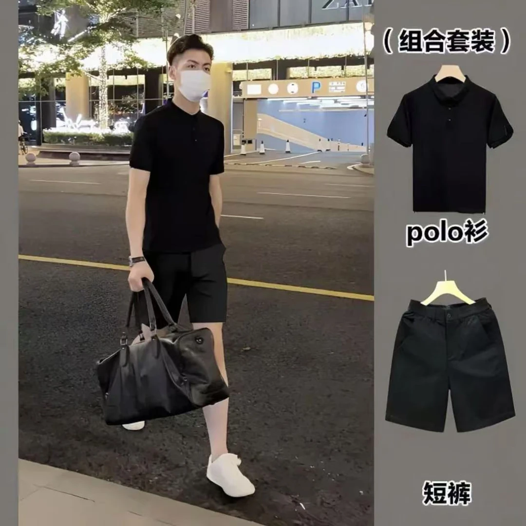 夏季男士简约polo衫套装白色休闲短裤搭配轻熟风帅气短袖两件套潮