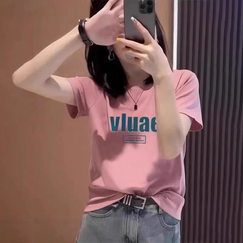 欧货粉色字母印花短袖t恤女夏薄款宽松纯棉时尚休闲体恤显瘦上衣