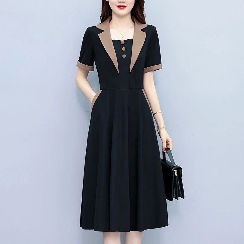 假两件短袖连衣裙女2025夏季新款妈妈时尚气质收腰显瘦西装领裙子