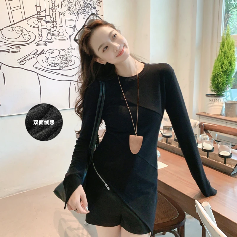 美洋MEIYANG 拉蒙长袖T恤 穿出纸片人~特丽绒保暖修身显瘦侧拉链