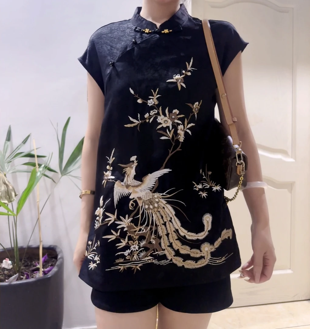 凤鸣贵气新中式国风刺绣旗袍领斜襟小飞袖高级百搭显瘦马甲裙日常