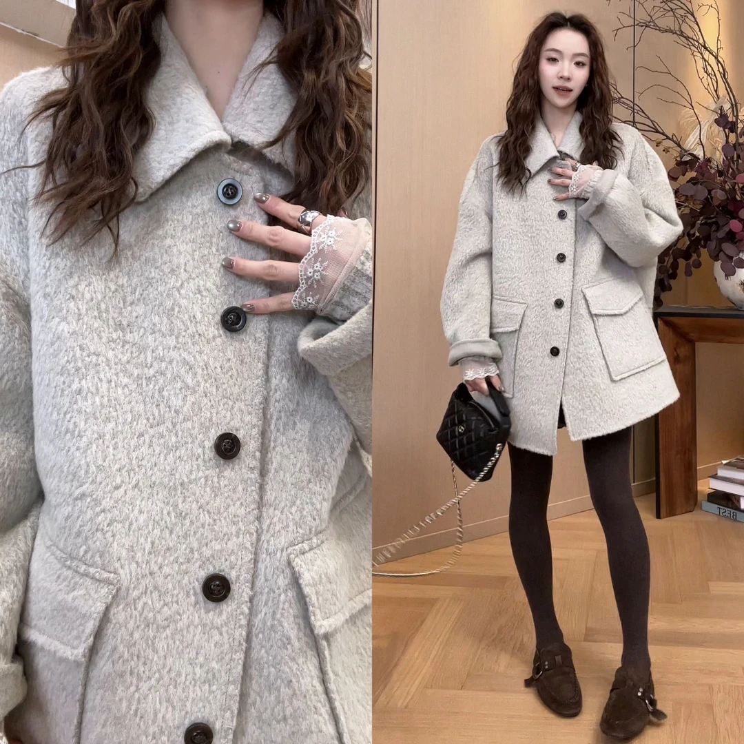 小静静一会【羊驼毛大衣】2025冬季百搭休闲宽松翻领外套 2512C9265