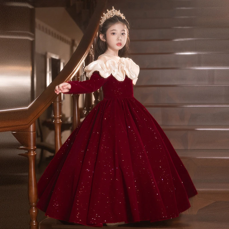 高端法式女童红色绝美礼服花童婚礼小女孩生日宴公主裙钢琴演出服