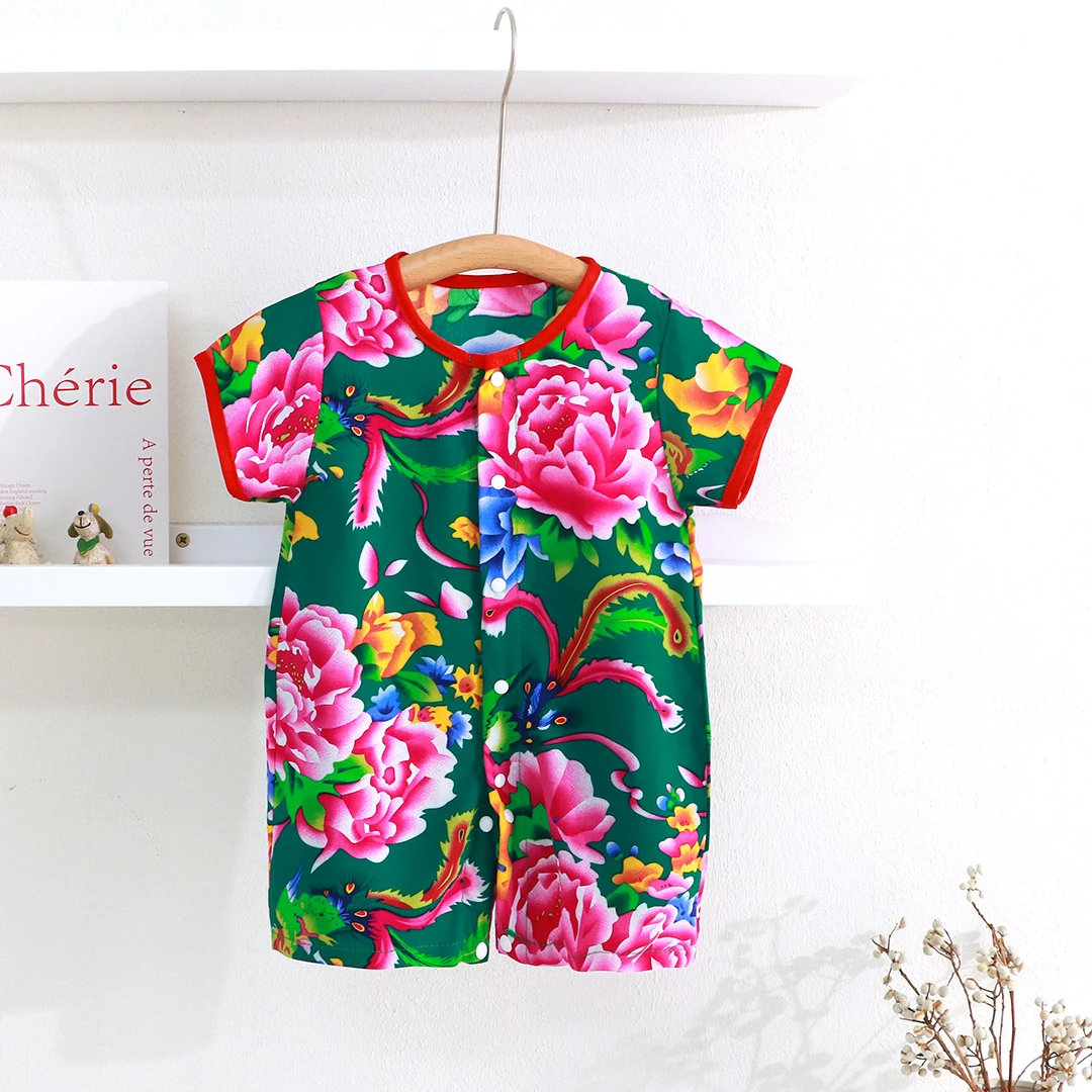 婴儿连衣棉绸衣服儿童夏夏季薄款男短袖网红中式哈衣爬服夏红色