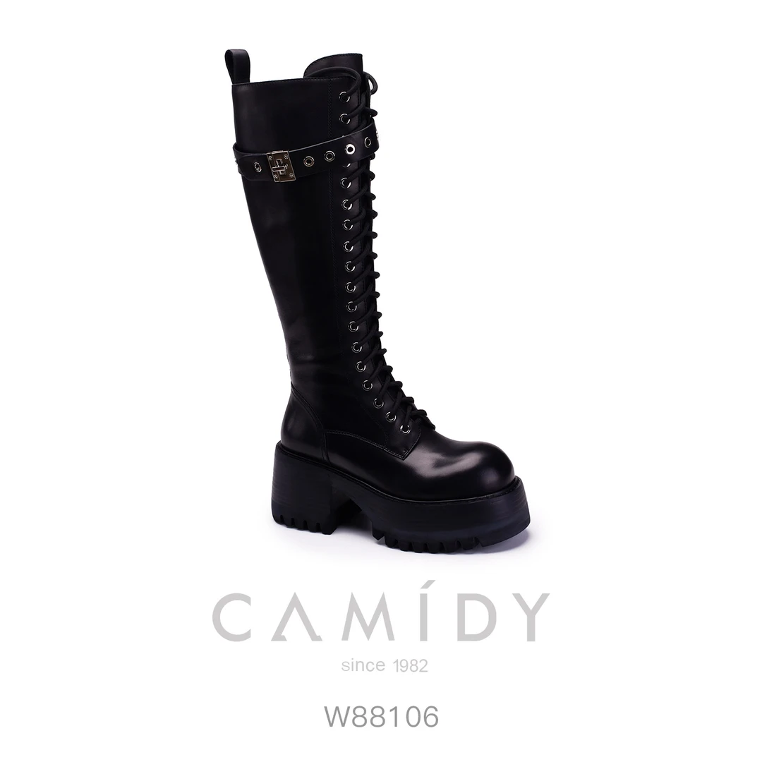 CAMIDY 厚底复古绑带骑士靴 W88106-1
