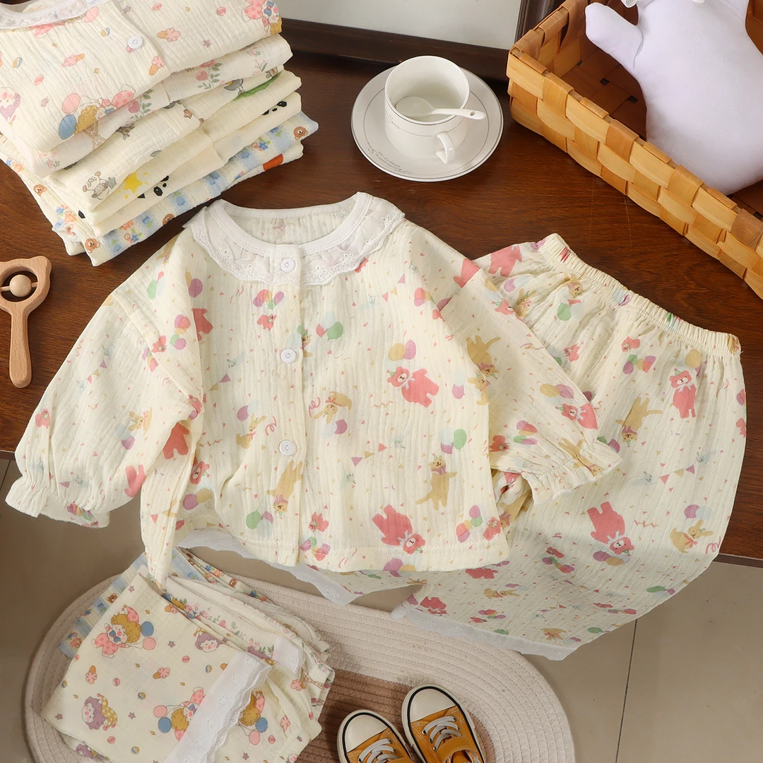 儿童家居服套装夏季新款男童双层棉纱女童睡衣宝宝纯棉花边童装