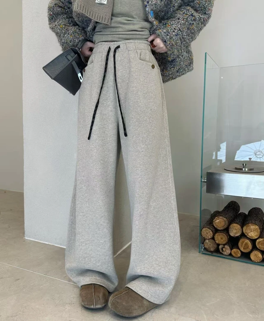 欧尼私服 2025冬季新款加绒一字口袋百搭毛呢裤休闲裤 2511C8152