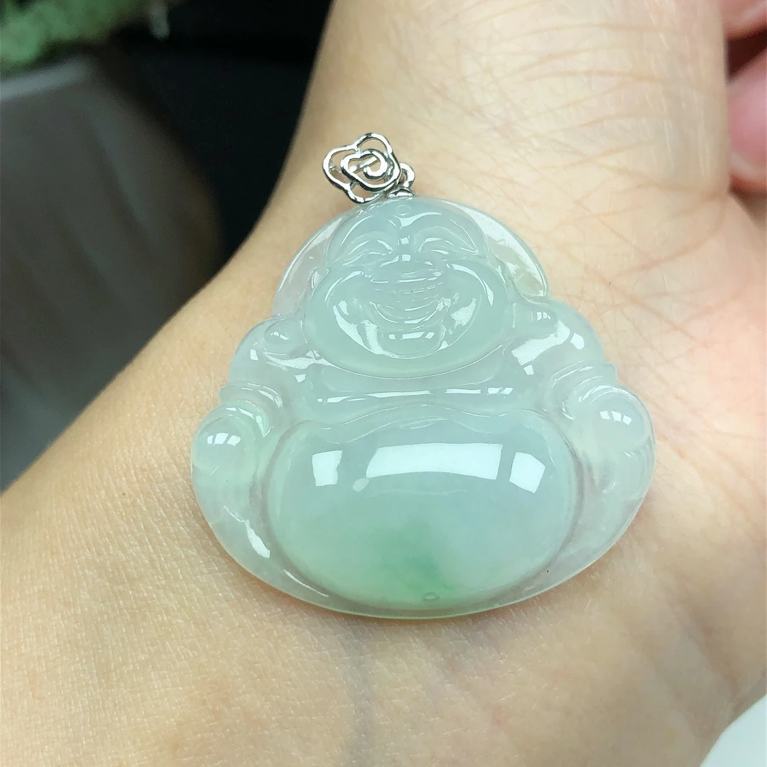 天然缅甸A货翡翠18K金镶老坑冰润飘绿大肚笑佛佛公吊坠28*31*5.8