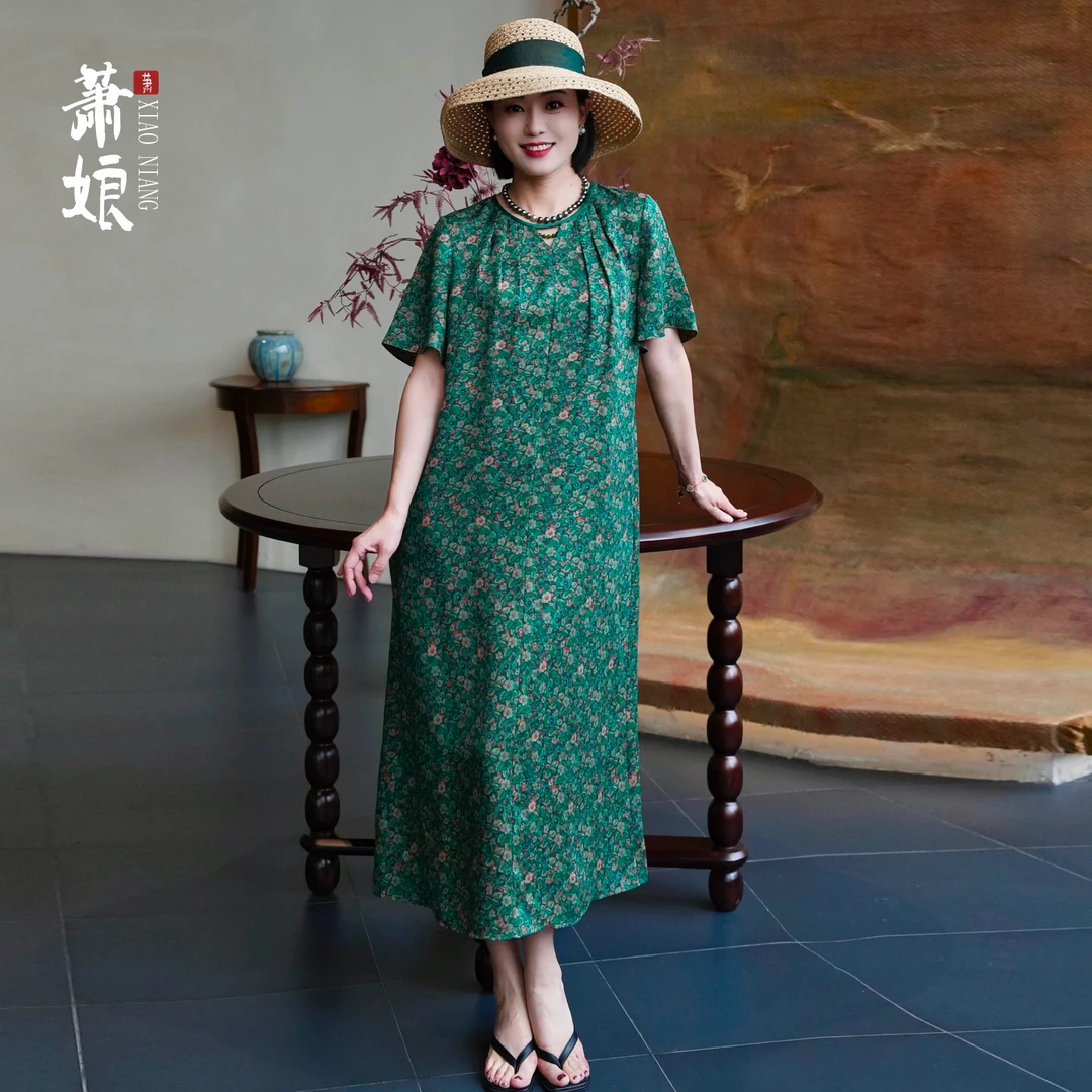 萧娘【陌上花开】红云纱连衣裙新中式夏女裙国风短袖桑蚕丝长裙5323