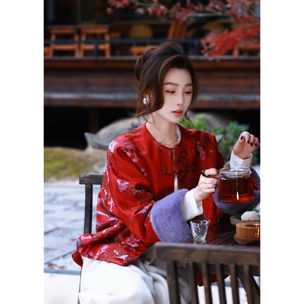 88-【听风吟】宝儿家含幂BA148225412古香缎水貂毛袖口羊绒棉外套