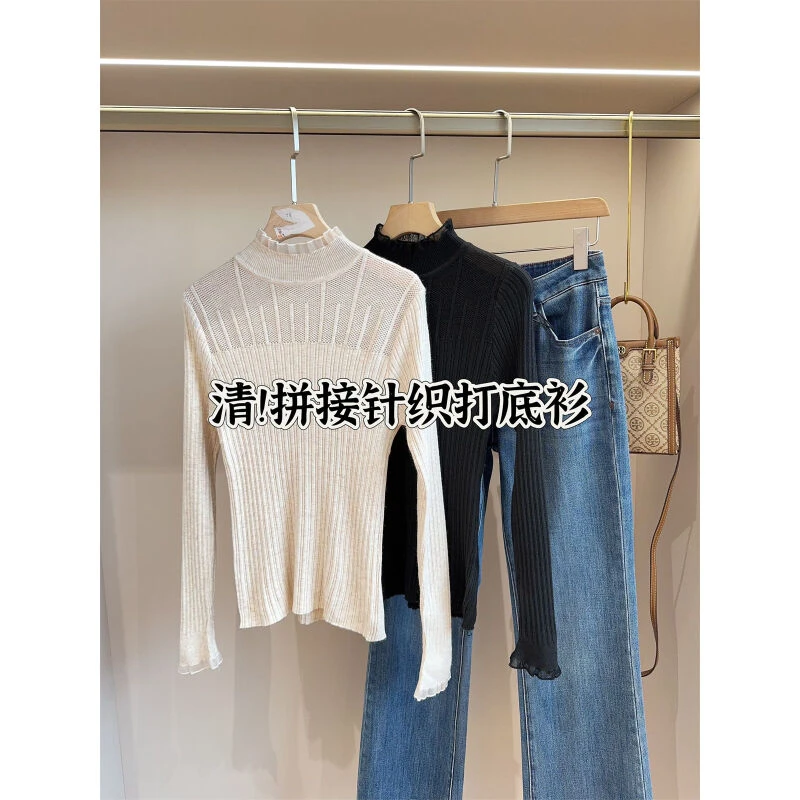 半高领蕾丝打底衫 修身显廋针织打底衫长袖镂空上衣