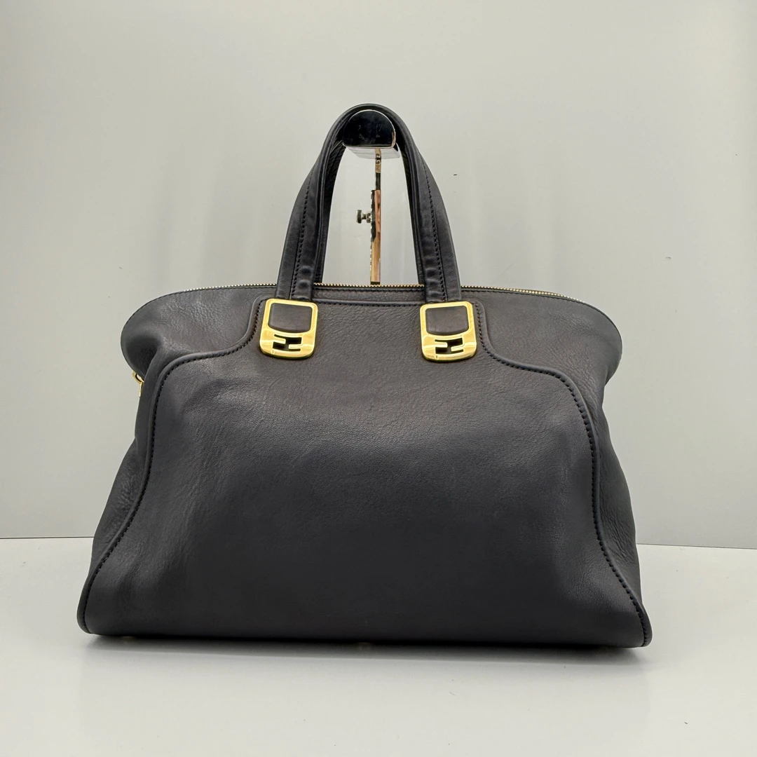 95新 FENDI/芬迪 优选/黑色全皮手提包缺肩带/38x26x16/Z092223