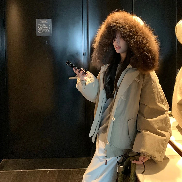 牛角扣大毛领连帽棉服外套女短款冬季韩系小个子加厚工装派克服