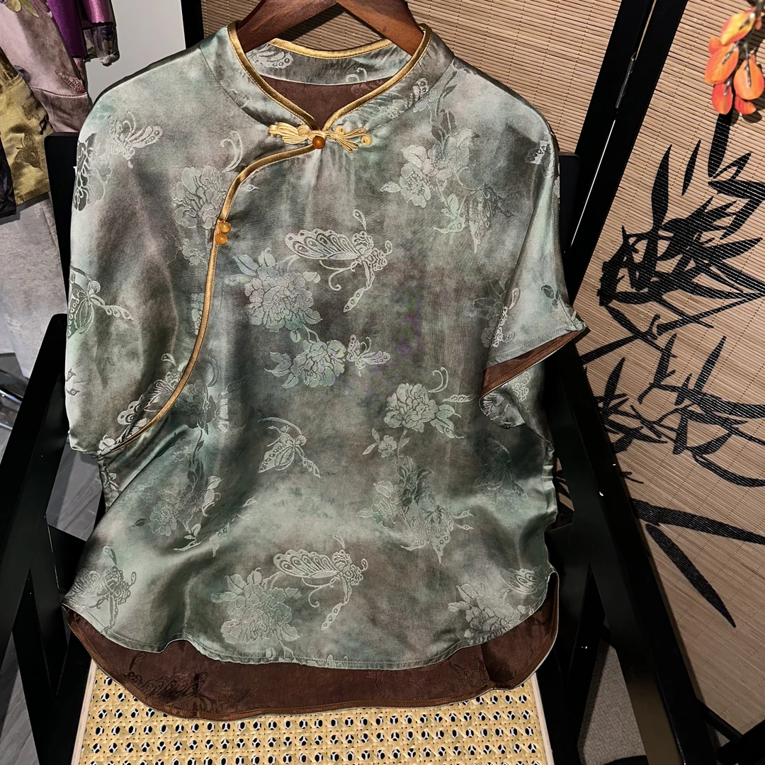 【蝶裳】新款夏季国风中式斜襟提花立领短袖上衣