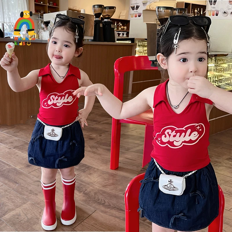 【彩虹家】2025夏款韩版洋气时髦红色背心牛仔短裙套装-88018