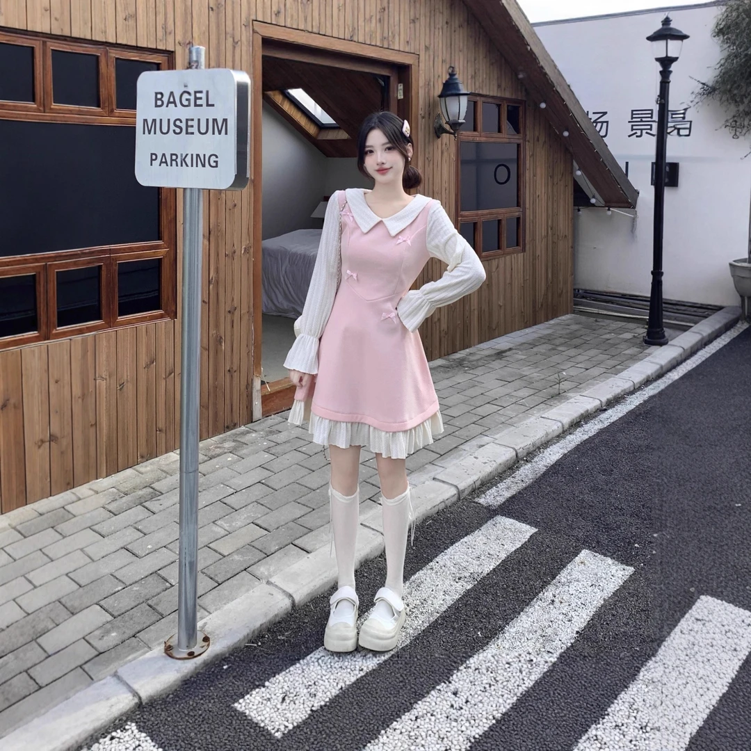 大码云端恋曲胖mm秋冬毛呢蝴蝶结娃娃领长袖连衣裙收腰显瘦A字裙