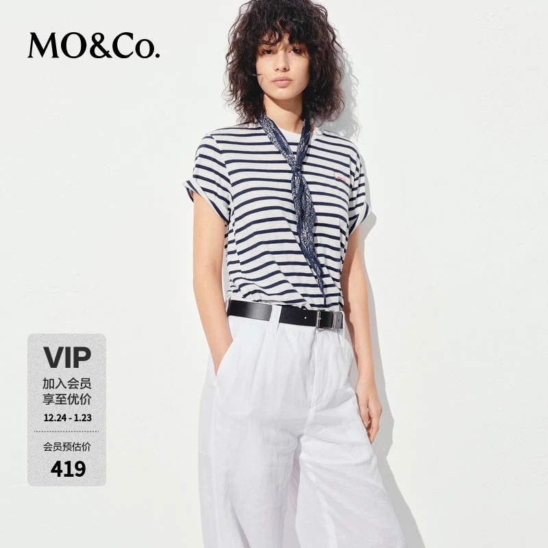 MOCO短袖T恤2025夏新品航海风蓝白条纹轻薄圆领刺绣MBE2TEE023