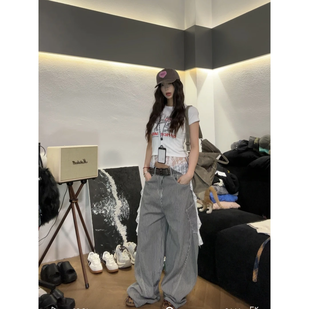 条纹牛仔裤男女直筒春宽松设计感竖多口袋夏季阔腿休闲弯刀裤高腰