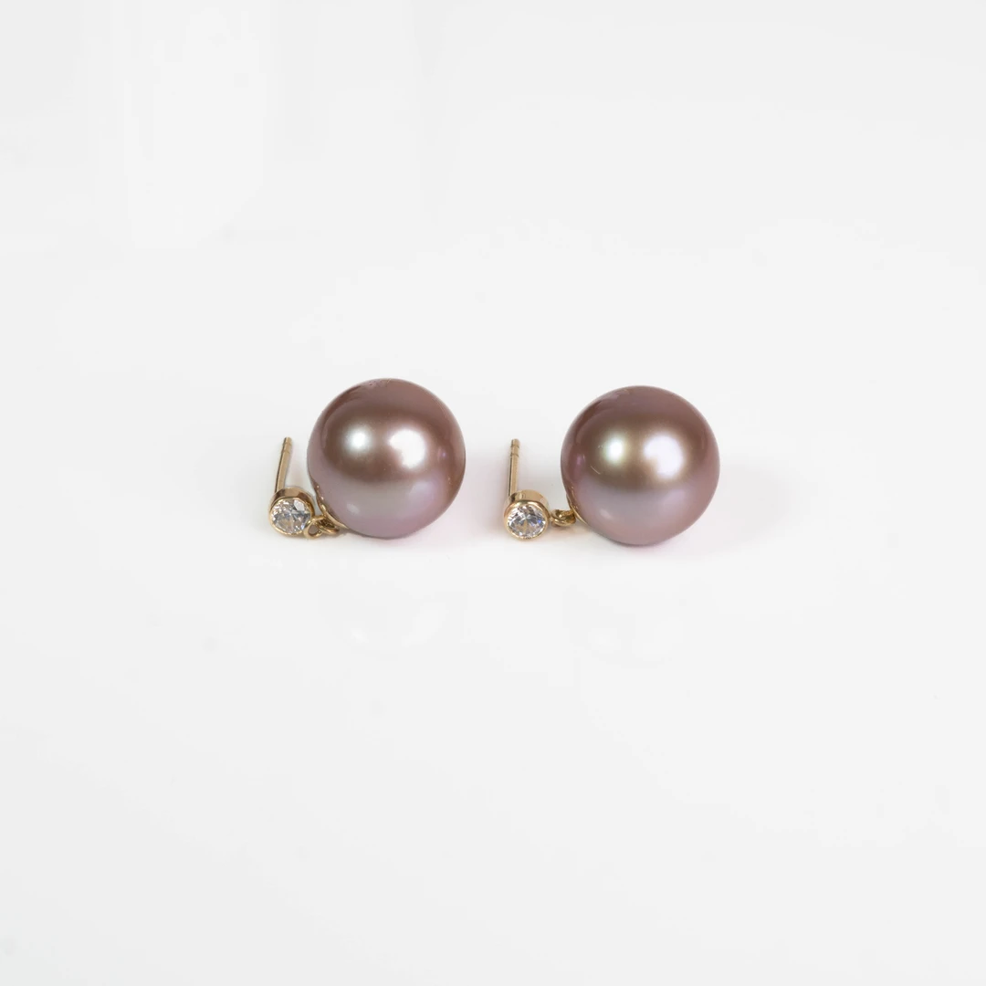 【大D】18K金/淡水珍珠/紫色经典金泡泡扣耳线/11-12MM