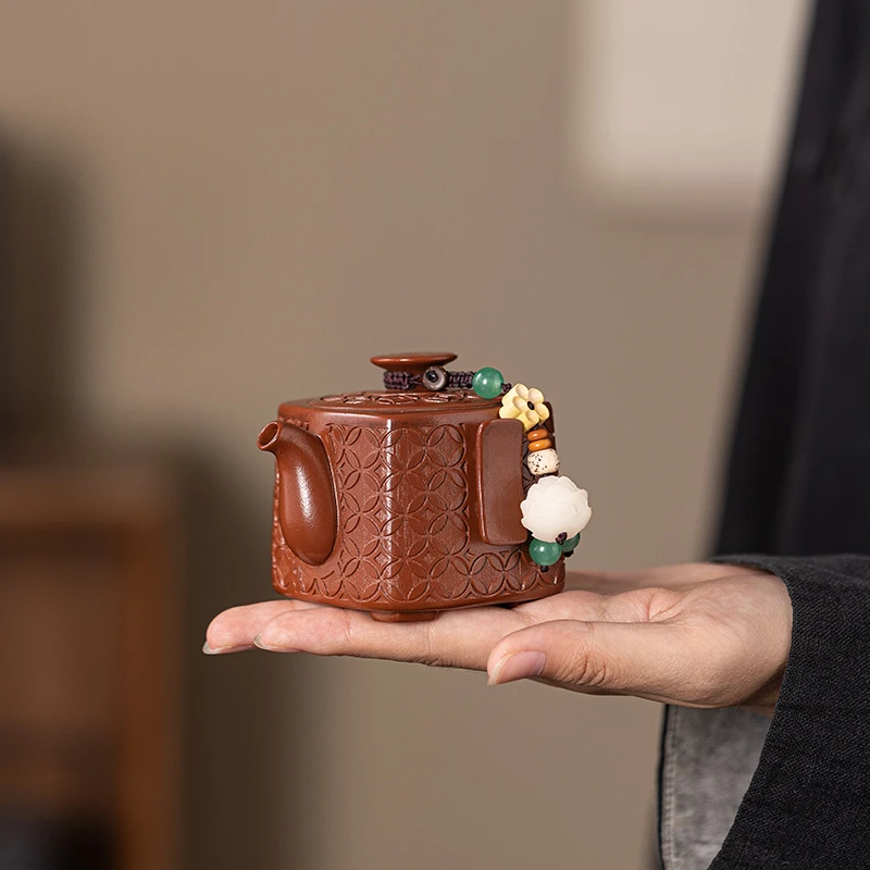 原矿紫砂壶手工精雕四叶草四方壶小号一人饮泡茶壶防烫手抓壶单壶