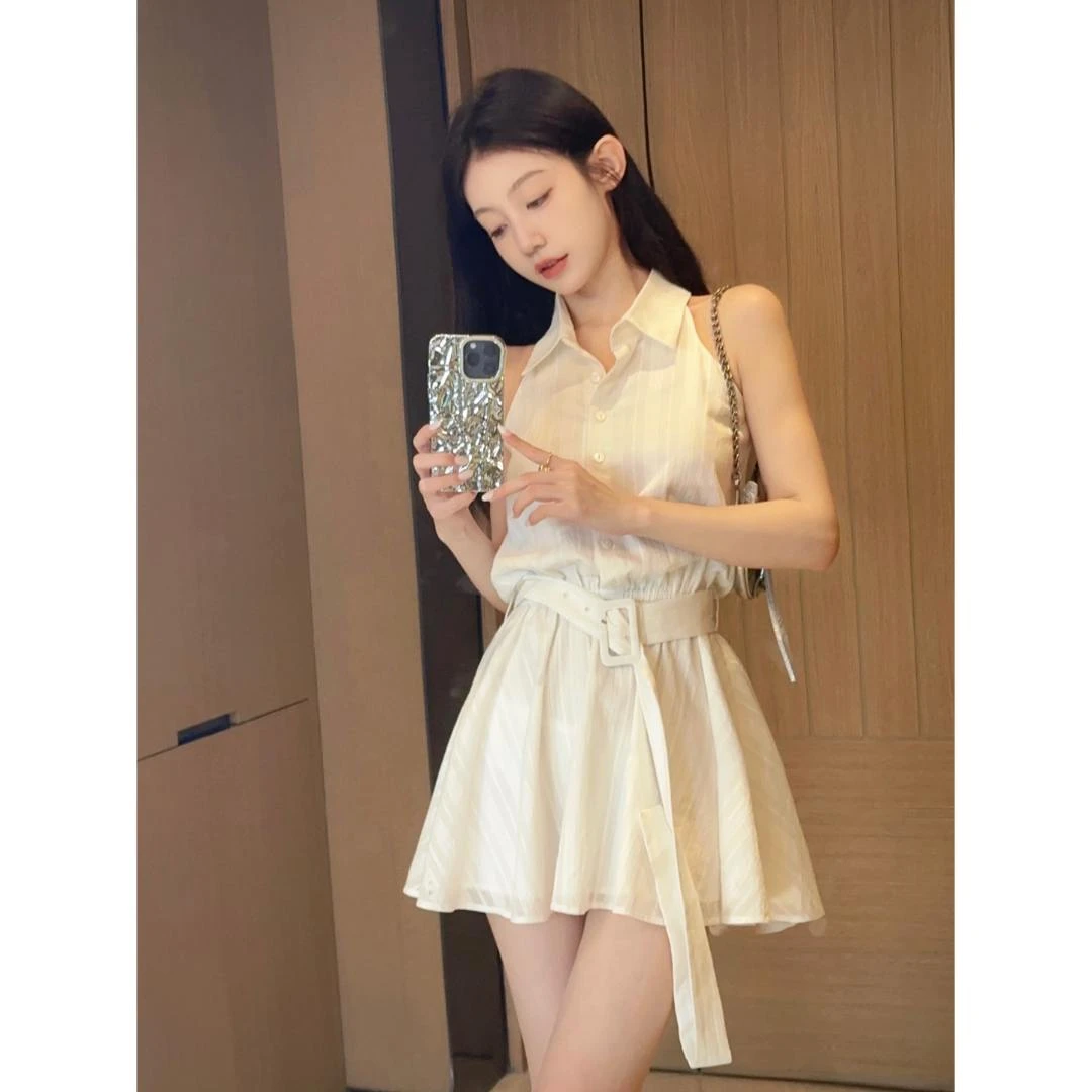 12清【is璐璐】雨后山茶 清新挖肩设计polo领连衣裙腰带肌理蓬蓬A字