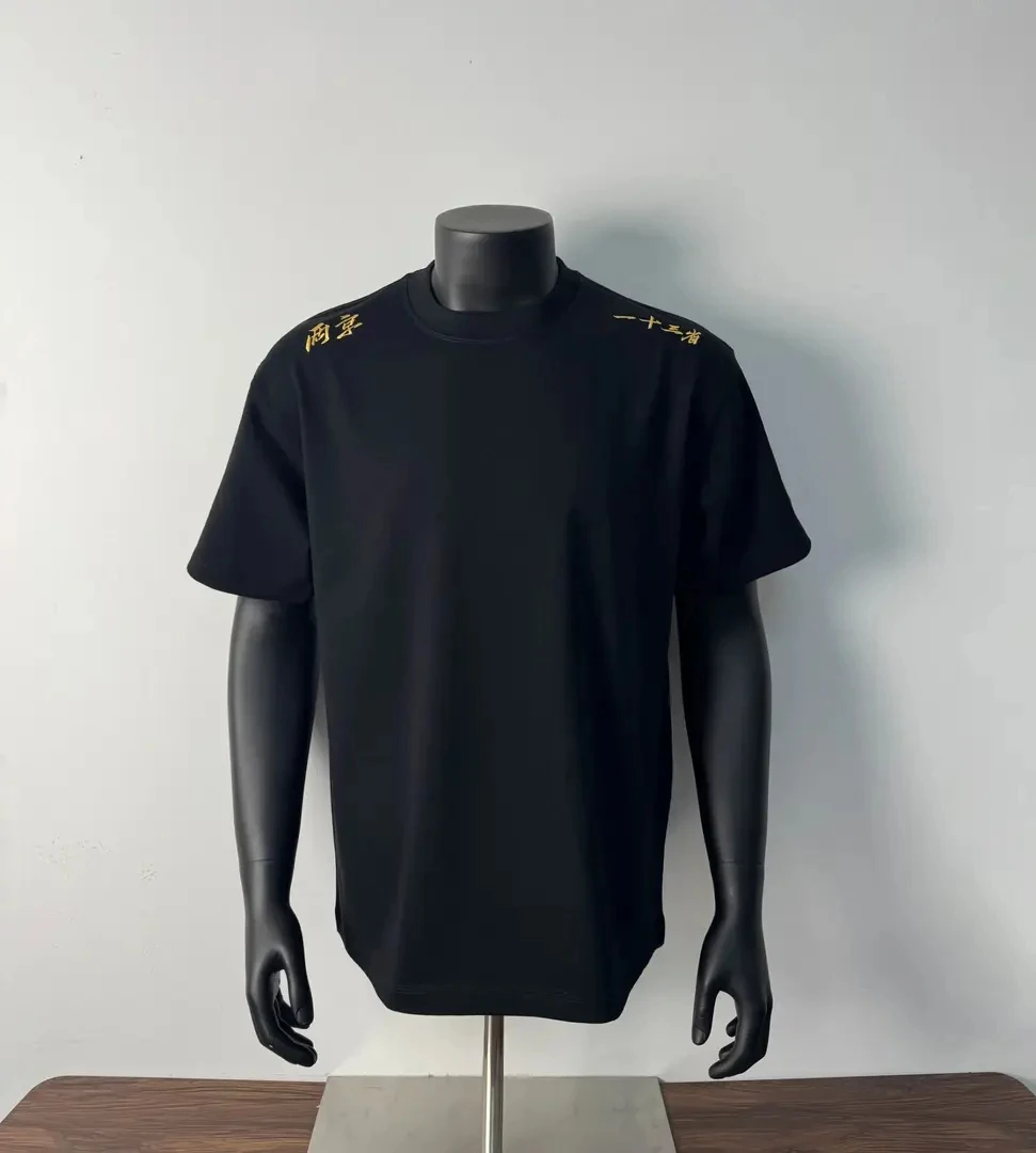 重工印花黑色T恤男肩部文字中式国潮“两京一十三省”圆领夏季短袖T