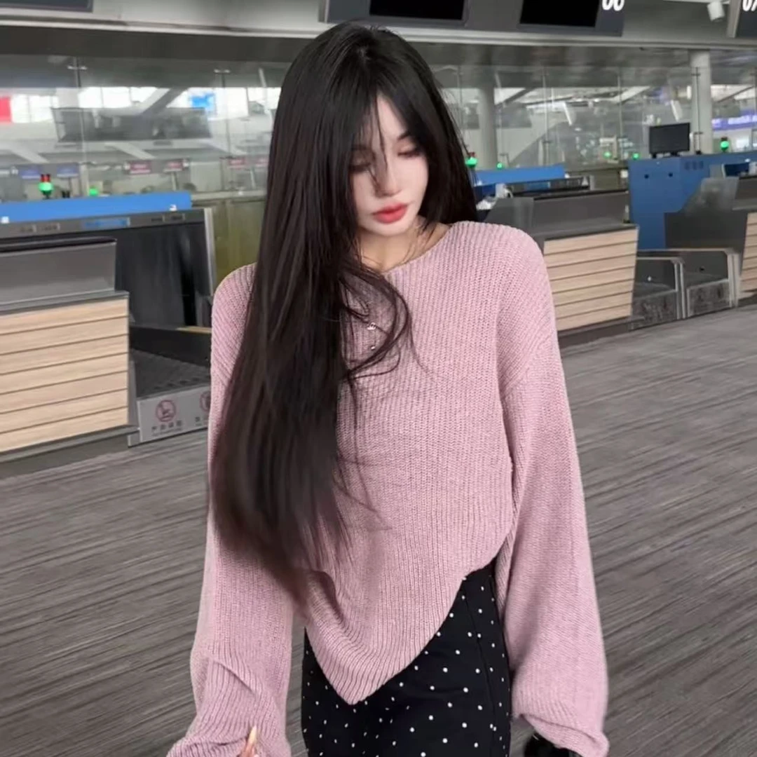 粉色灯笼袖（宽松版）针织上衣/黑色波点半裙