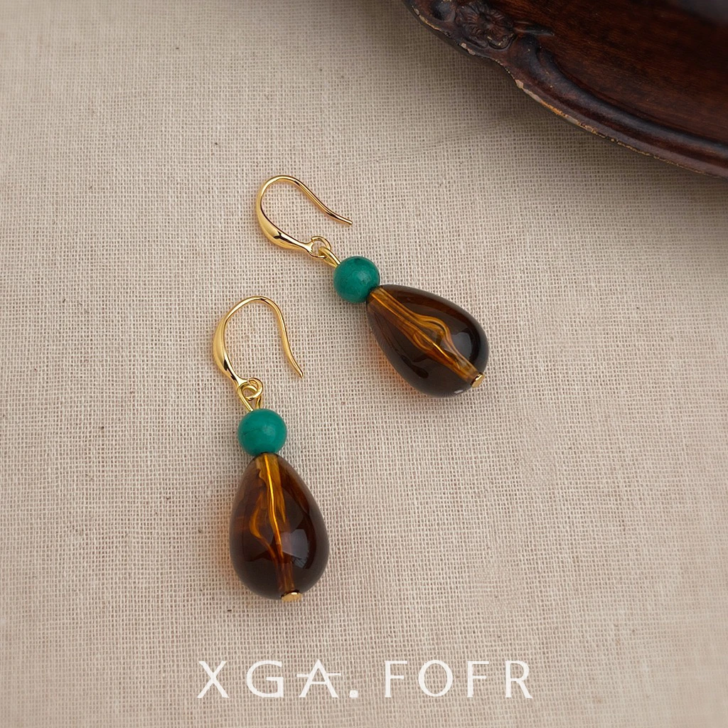 925银耳饰 绿石藏传复古水滴耳环气质手工设计师民族风百搭耳饰