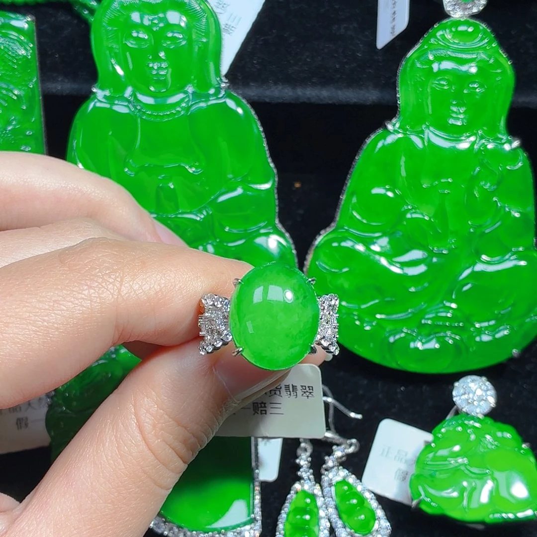 翡翠银S925镶嵌戒指天然A货翡翠