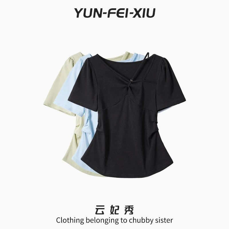 云妃秀大码女装T恤休闲时尚胖妹妹显瘦宽松纯色韩版上衣夏季64728