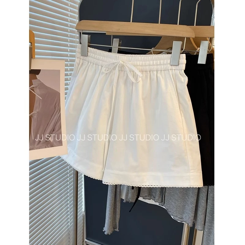 胖妹妹200斤大码韩系甜美蕾丝下摆抽绳短裤女夏季高腰休闲阔腿裤