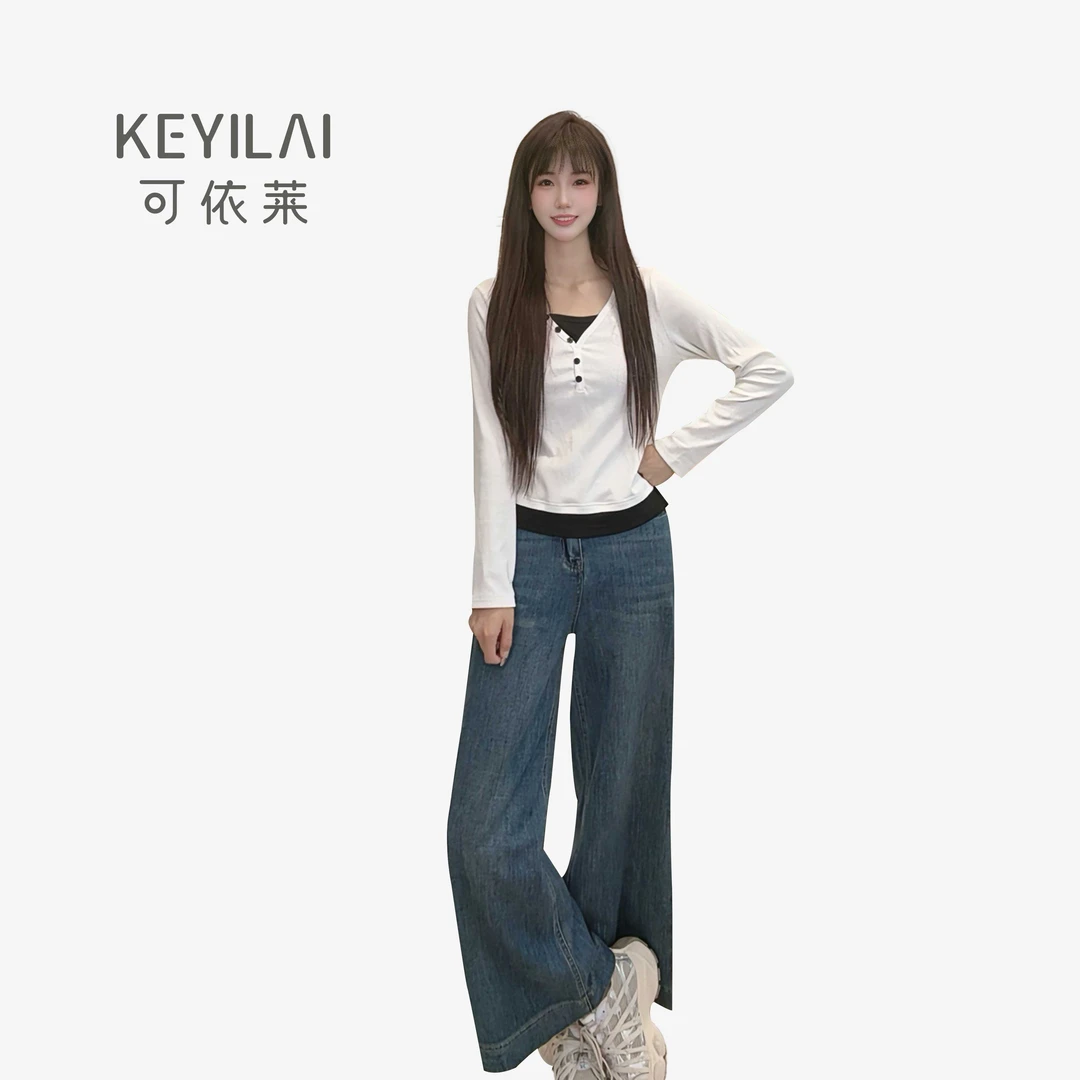 可依莱-常规通勤长袖3D纽扣抗皱拼接T恤DY5Q1Q0199