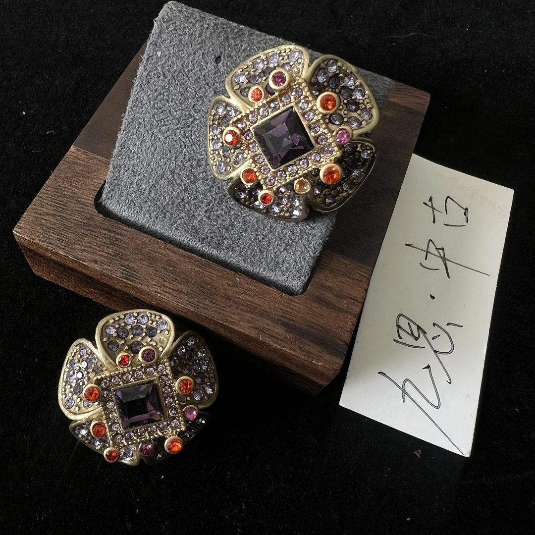 925银玻璃耳饰 925银电镀耳饰 中古Vintage法式复古高级紫花卉造