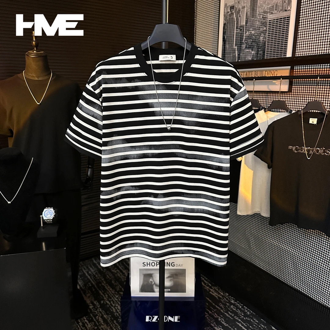 【HMEYAO】夏季男士晕染时尚条纹撞色设计潮流冰感棉圆领短袖T恤男