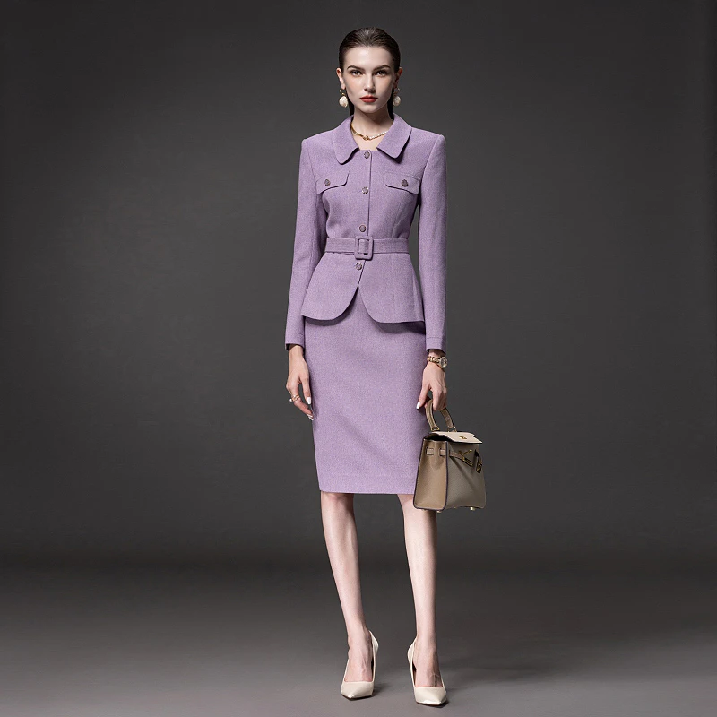 名缕品牌高端时尚紫色小香风套装女西装裙秋冬气质正式场合职业套