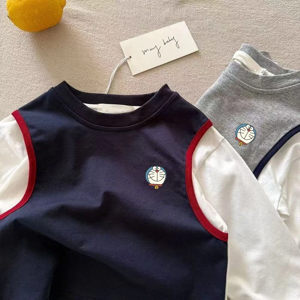 春秋季儿童打底衫撞色拼接假两件秋装男童长袖T恤哆啦A梦女孩衣服