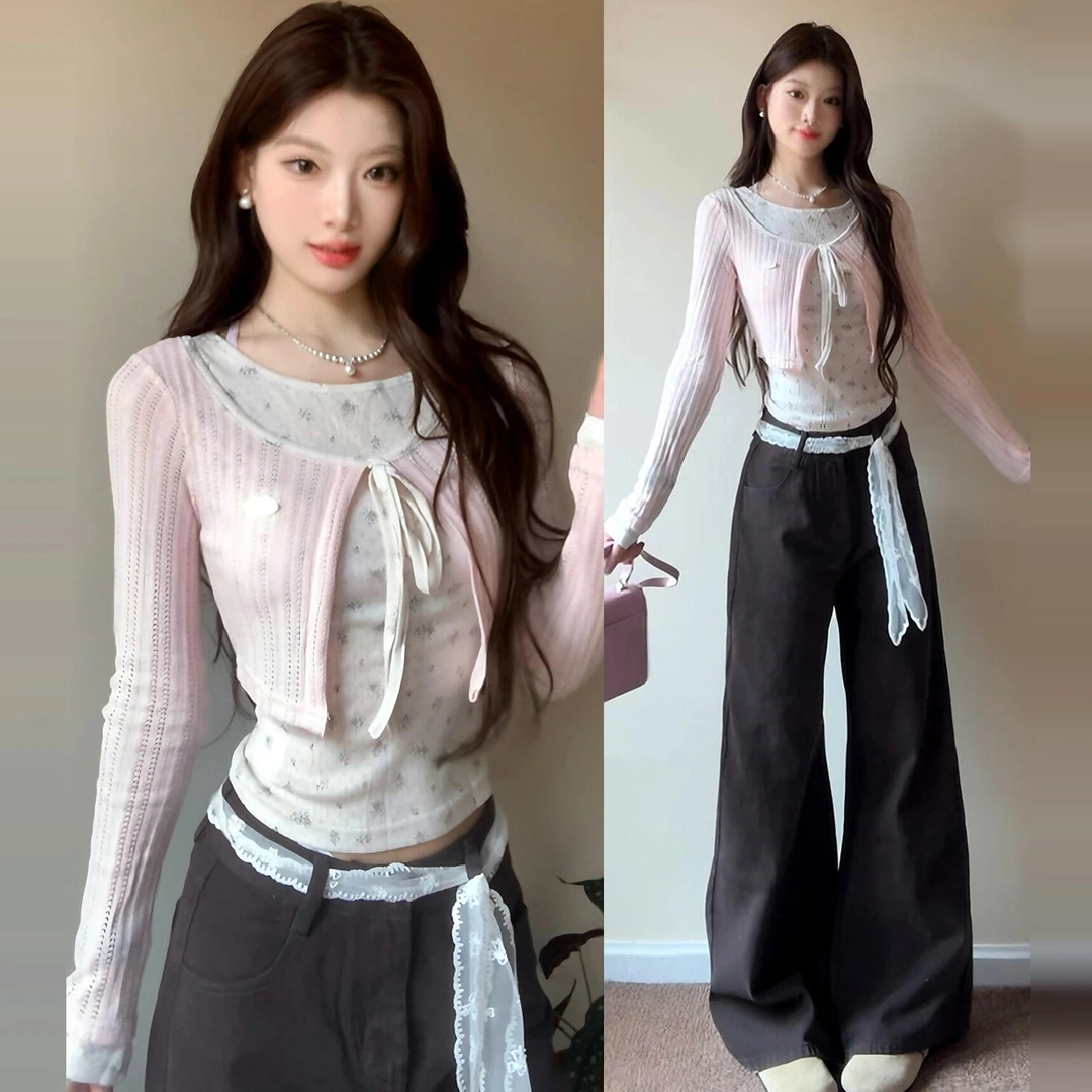 韩系甜美碎花假两件针织开衫女2025新款早初秋季短款修身上衣7402