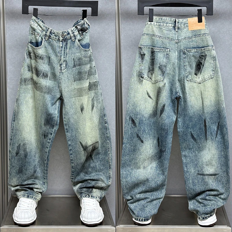 美式休闲复古涂鸦阔腿牛仔裤男士潮牌2025春夏新款宽松直筒弯刀裤
