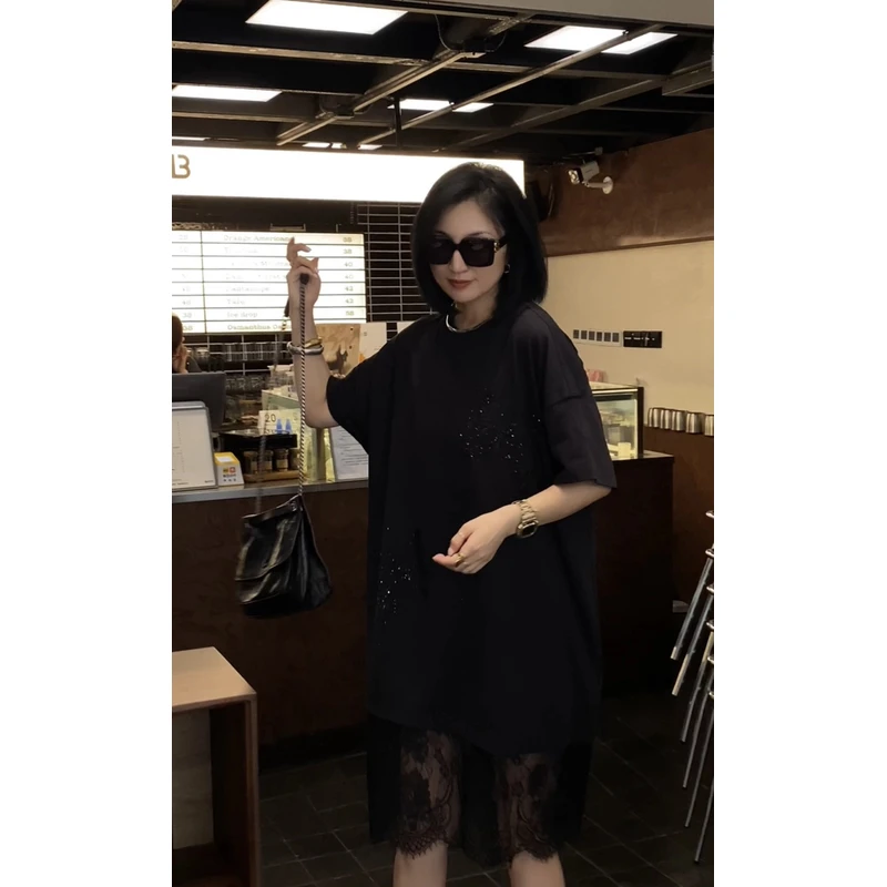 【娜姐6827款】2025新款潮牌胖mm蕾丝拼接气质黑色大码女装时尚